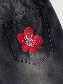 ROMWE MEN Men's Loose Fit Floral Embroidered Pattern Jeans - Black - View 6