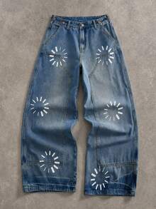 ROMWE MEN Men's Striped Print Button Pocket Loose Fit Jeans - Light Wash - View 6