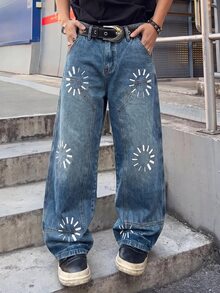 ROMWE MEN Men's Striped Print Button Pocket Loose Fit Jeans - Light Wash - View 1