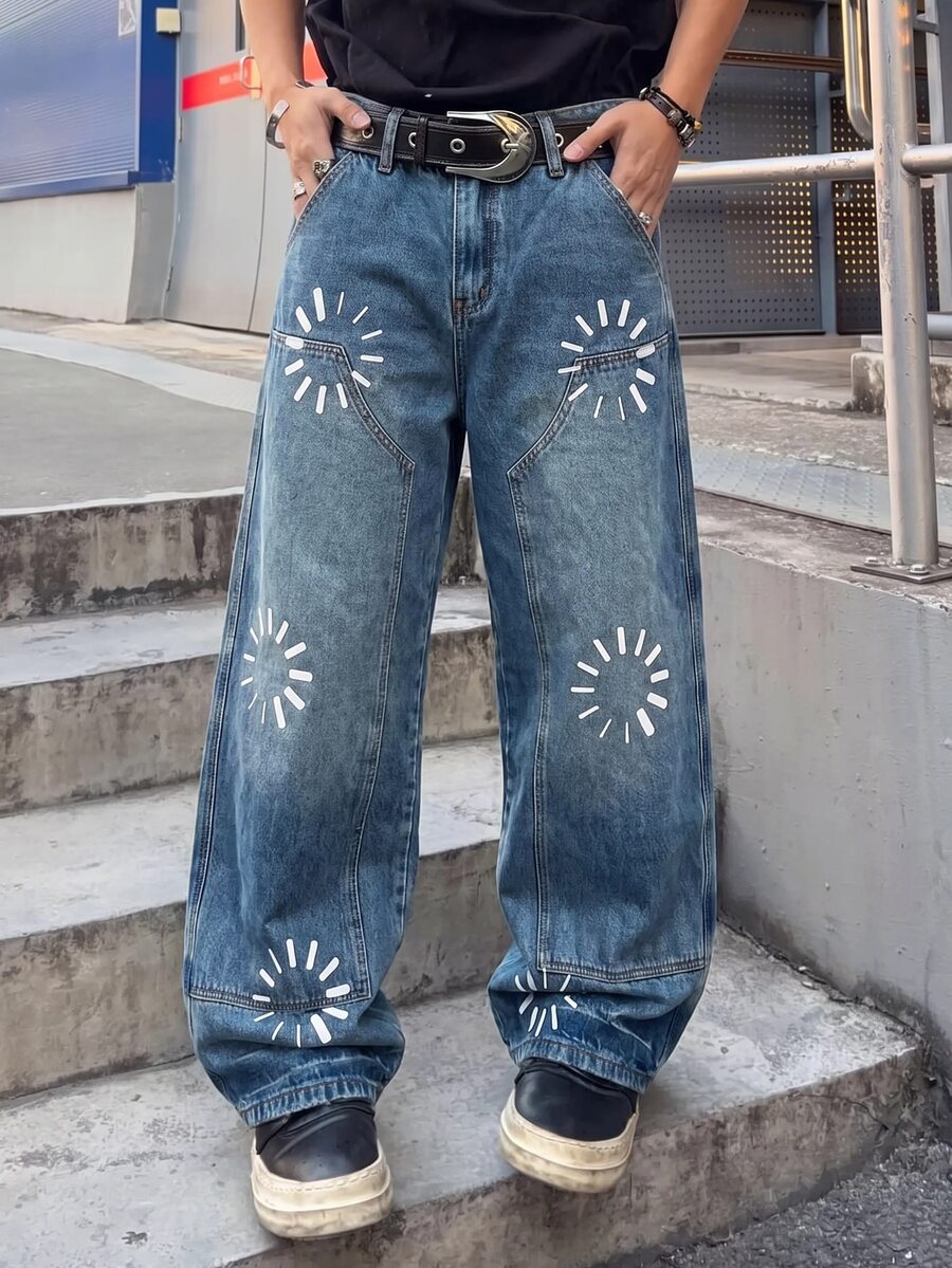 ROMWE MEN Men's Striped Print Button Pocket Loose Fit Jeans - Light Wash - View 1