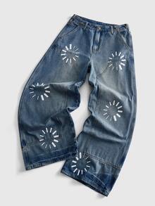 ROMWE MEN Men's Striped Print Button Pocket Loose Fit Jeans - Light Wash - View 3
