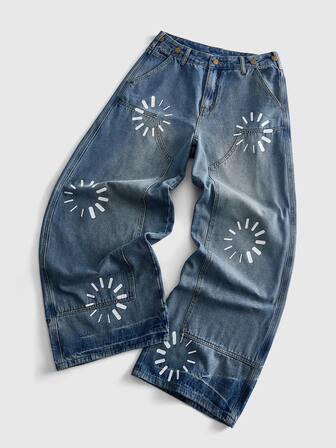 Jeans amples à imprimé rayé avec poche à boutons pour hommes