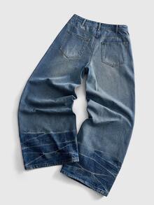 ROMWE MEN Men's Striped Print Button Pocket Loose Fit Jeans - Light Wash - View 2