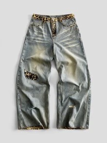 ROMWE MEN Men's Leopard Print Patchwork Loose Fit Jeans - Multicolor - View 3