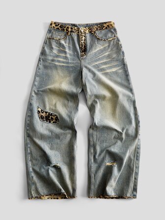 Men's Leopard Print Patchwork Loose Fit Jeans