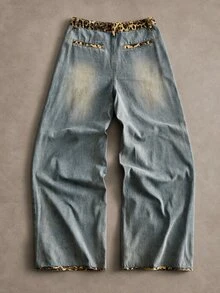ROMWE MEN Men's Leopard Print Patchwork Loose Fit Jeans - Multicolor - View 2