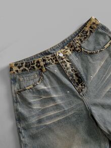 ROMWE MEN Men's Leopard Print Patchwork Loose Fit Jeans - Multicolor - View 4