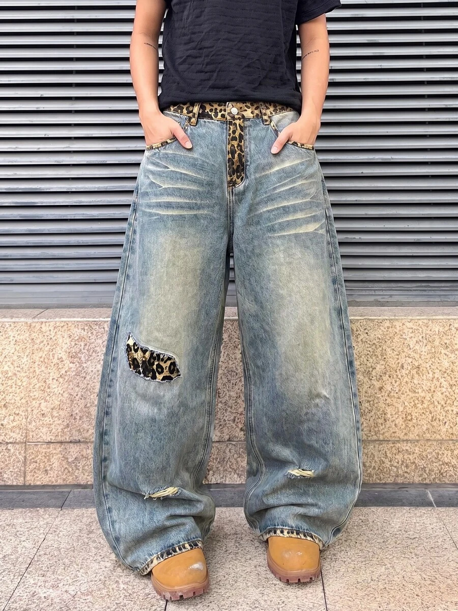 ROMWE MEN Men's Leopard Print Patchwork Loose Fit Jeans - Multicolor - View 1