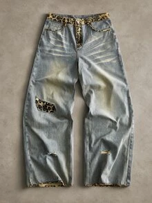 ROMWE MEN Men's Leopard Print Patchwork Loose Fit Jeans - Multicolor - View 7