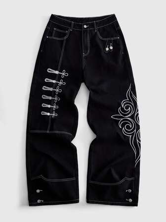 Goth Punk Side Chinese Style Retro Pattern Frog Button Print Cargo Wide Leg Jeans Men Y2K Totem Rolled Hem Stacked Hem Washed Denim