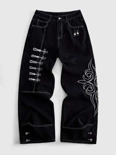 Goth Jeans de pierna ancha cargo para hombre estilo punk chino retro con estampado de botones de rana, diseño de tótem Y2K, bajo enrollado y apilado, denim lavado