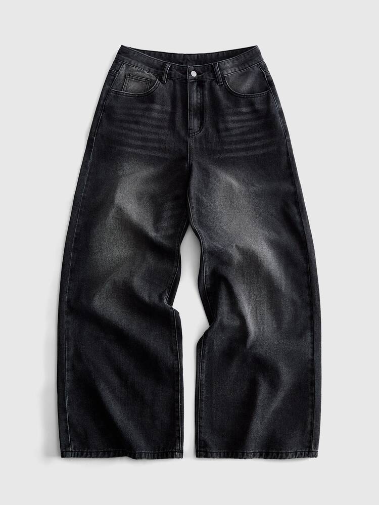 ROMWE MEN Jeans de corte holgado con patrón bordado para hombres - Negro - Añade 2