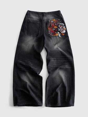 Jeans de corte holgado con patrón bordado para hombres