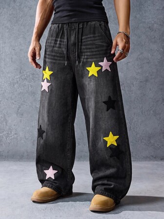 Street Life Jean en denim délavé usé brodé ample décontracté jambe droite polyvalent pour hommes