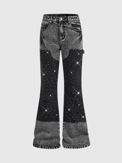 Street Life Jeans casual versatili da uomo con tasche, bottoni e decorazioni in strass, adatti per uso quotidiano