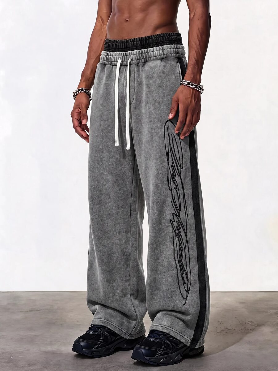 ROMWE MEN Casual Men's Loose Fit Sweatpants With Floral Letter Print, Color Block And Double Waistband - Grey - View 1
