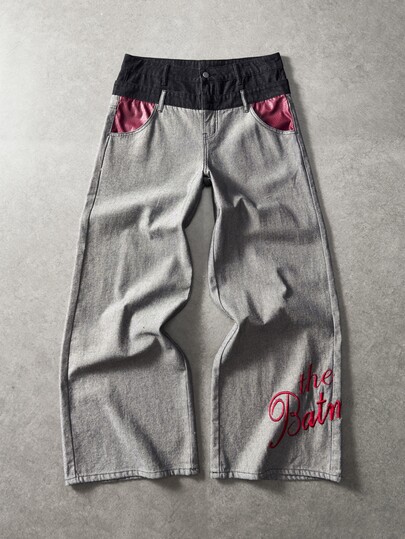 Batman X ROMWE Jeans casual in denim da uomo con tasche e bottoni, versatili per l'uso quotidiano e i viaggi