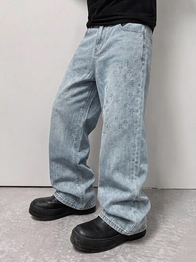 Street Life Men's Light Blue Vintage Distressed Washed Stretch Slim Fit Flared Jeans With Cross Hollow Embossed Pattern, Punk Hip-Hop Street Style Casual Pants For Street, Daily, Club, Party Wear