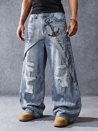 Street Life Jeans in denim da uomo con stampa di lettere, effetto consumato, gamba ampia e tasche