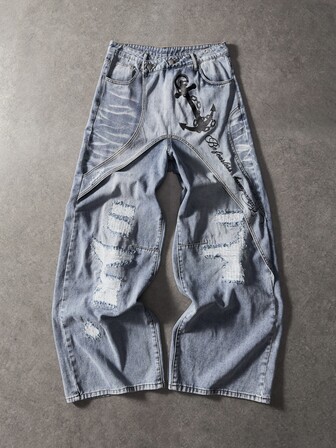 Street Life Jeans in denim da uomo con stampa di lettere, effetto consumato, gamba ampia e tasche