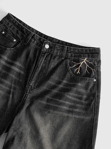 ROMWE MEN Men's Embroidered Pattern Loose Fit Denim Shorts - Black - View 4