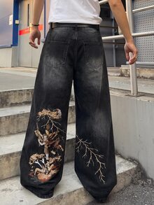 ROMWE MEN Men's Embroidered Pattern Loose Fit Denim Shorts - Black - View 1