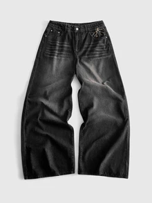 ROMWE MEN Men's Embroidered Pattern Loose Fit Denim Shorts - Black - View 2