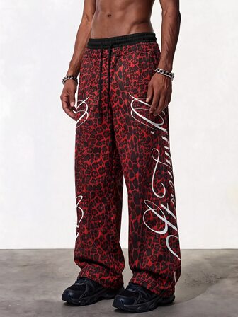 Pantaloni della tuta da uomo con doppio elastico in vita, stampa floreale e di lettere, motivo leopardato, stile streetwear, larghi con coulisse