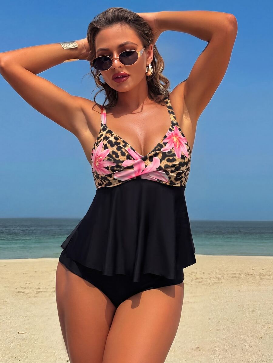 Swim Lushoire 女款夏季海灘度假豹紋與花卉印花交叉式坦克比基尼泳衣套裝,高腰兩件式 A 字裙擺荷葉邊泳衣套裝 - 彩色 - 查看 1