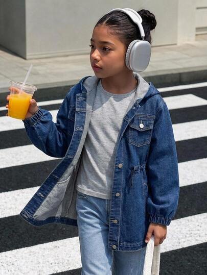 Jaket Denim Anak Perempuan, Koleksi Baru Musim Semi/Gugur, Gaya Kasual Preppy, Warna Denim Biru Sedang, Pinggang Bertali, Jaket Denim Panjang Sedang, Potongan Longgar Korea, Manset Elastis, Jaket Kasual Berkerudung, Cocok Untuk Aktivitas Sehari-hari, Sekolah, Perjalanan, Luar Ruangan, Acara Kumpul-kumpul, dan Lainnya