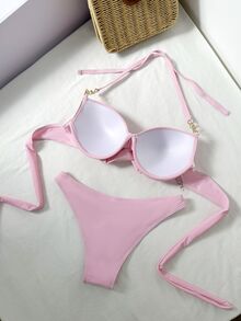 Swim SXY 女士纯色带钢圈泳衣套装，适合海滩/度假村穿着 - 粉色 - 查看 3
