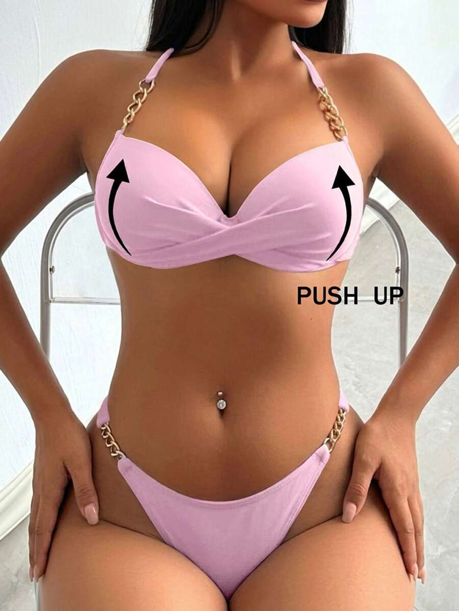 Swim SXY 女士纯色带钢圈泳衣套装,适合海滩/度假村穿着 - 粉色 - 查看 1