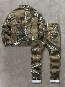 SHEIN 两件套男童迷彩牛仔领长袖外套和弹力修身裤套装 - 彩色 - 查看 2