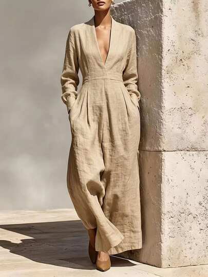 SHEIN French Vintage Woven Khaki V-Neck Long Sleeve Wide Leg Jumpsuit, Elegant Women's Jumpsuit, Women's Casual Jumpsuit, Country Style Jumpsuit, Women's Country Style Clothing, Country Style, Women's Holiday Outfit, Autumn New Women's Jumpsuit
