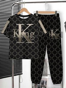SHEIN Teen Boy Letter Print Crew Neck Short Sleeve T-Shirt And Pants Casual Set - Multicolor - View 7