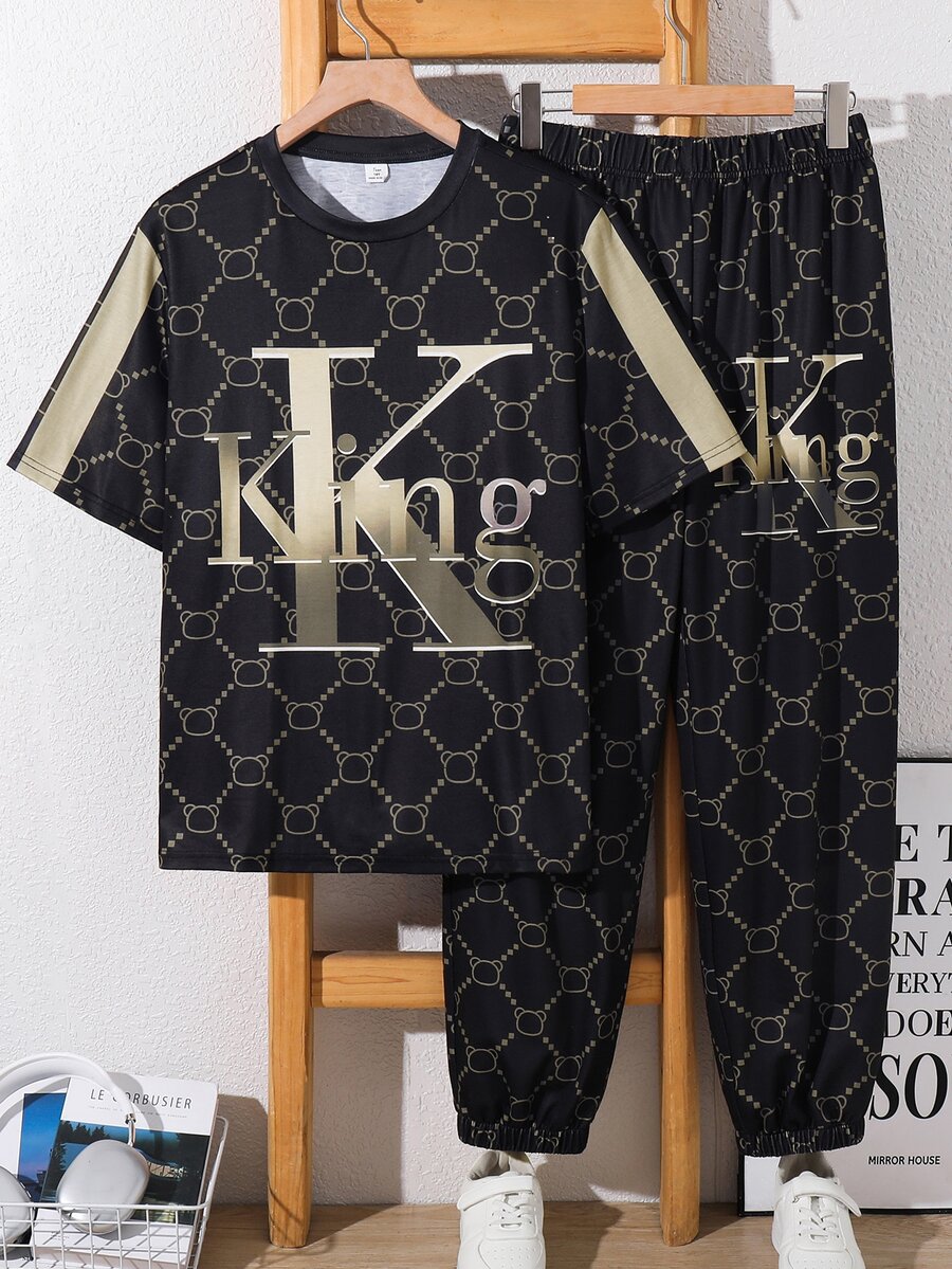 SHEIN Teen Boy Letter Print Crew Neck Short Sleeve T-Shirt And Pants Casual Set - Multicolor - View 1