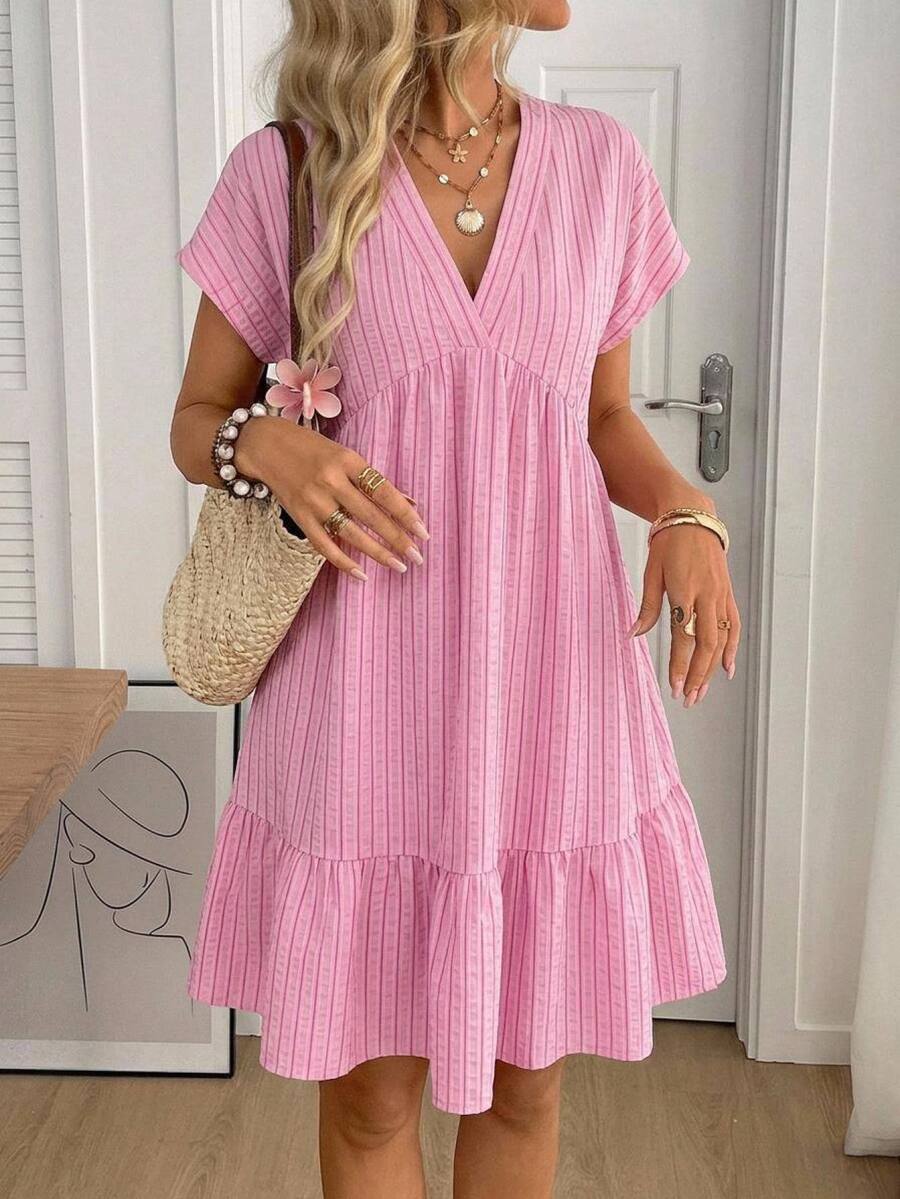 Easowa Curve Plus Size Women's Textured Striped Ruffle Hem V-Neck Vacation Dress - Multicolor - View 1