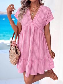 Easowa Curve Plus Size Women's Textured Striped Ruffle Hem V-Neck Vacation Dress - Multicolor - View 6
