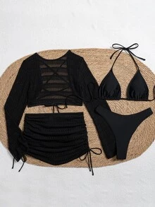 SHEIN Swim 女士夏季沙滩纯色吊带系带性感比基尼套装，含罩衫和罩裙 - 黑色 - 查看 6