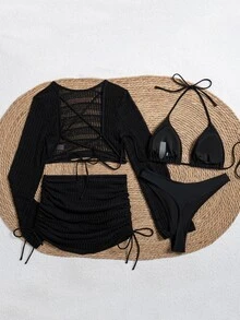 SHEIN Swim 女士夏季沙滩纯色吊带系带性感比基尼套装，含罩衫和罩裙 - 黑色 - 查看 4