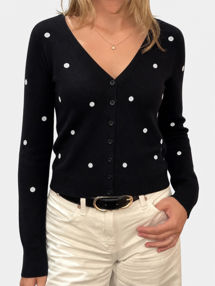 SHEIN Frenchy Women's Black And White Polka Dot Casual Vintage Classic Versatile Daily Long Sleeve Cardigan Office Autumn - Black - View 11