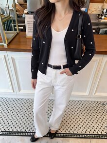 SHEIN Frenchy 女款黑白波點休閒法式復古經典百搭日常長袖開襟衫 辦公室秋季 - 黑色 - 查看 5