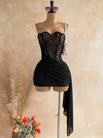 Soleia Women's Sexy Vacation Strapless Lace Textured Draped Mesh Ruched Bustier Mini Dress, Beach, Cruise, Road Trip, City Vacation, Date, Afternoon Tea, Bohemian, Seaside, Island Vacation, Summer, Music Festival, Daily Commute, Wedding Season, Party, Carnival