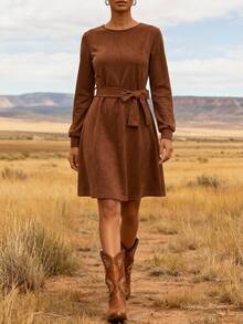 Faunlyn Women's Solid Color Waist Knot Casual Daily Summer Mid-Length Dress - Brown - View 3
