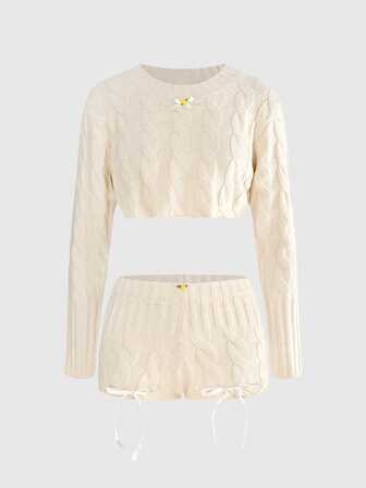 Y2K Damen süßer Vintage Zopfstrick kurzer Pullover und tiefer Mini-Strick-Shorts 2 Stücke Set, geeignet für Weihnachten, Neujahr, Valentinstag-Date, Lässig zu Hause, Einkaufen, Urlaub und tägliche Ausflüge