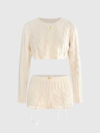 Y2K Conjunto de 2 piezas para mujer con suéter corto de punto de cable vintage dulce y shorts mini de punto de cintura baja, adecuado para Navidad, Año Nuevo, cita de San Valentín, ocio en el hogar, compras, vacaciones y salidas diarias