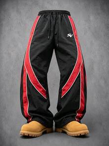 Manfinity Denimwave Men's Letter Print Drawstring Waist Loose Casual Sports Long Pants - Black - View 1