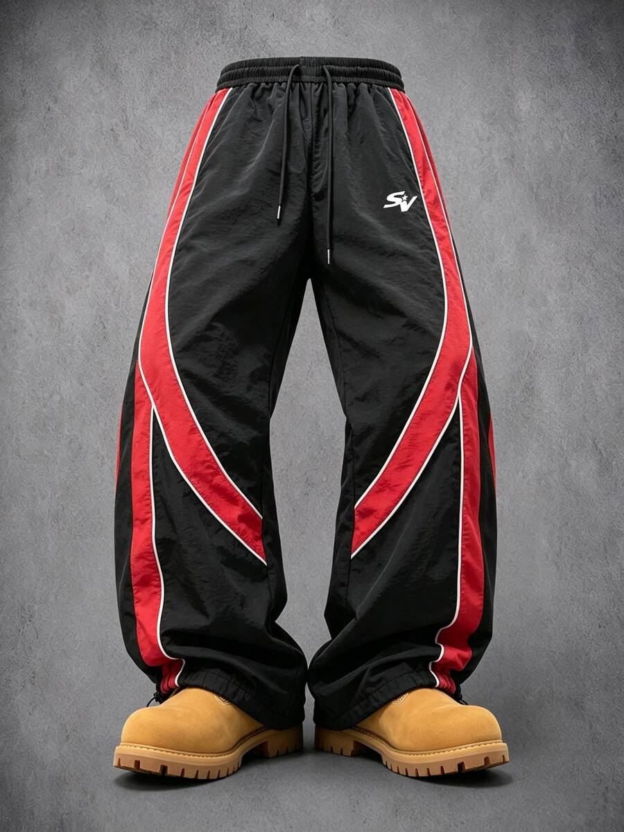 Manfinity Denimwave Men's Letter Print Drawstring Waist Loose Casual Sports Long Pants - Black - View 1