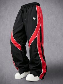 Manfinity Denimwave Men's Letter Print Drawstring Waist Loose Casual Sports Long Pants - Black - View 3