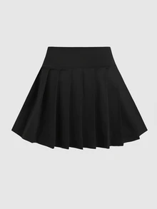SHEIN Tween女孩春夏休閒運動高彈力舒適腰部百褶喇叭裙附口袋瑜伽服黑色 - 黑色 - 查看 3